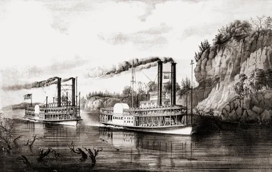 Battelli a vapore che gareggiano sul fiume Mississippi, USA