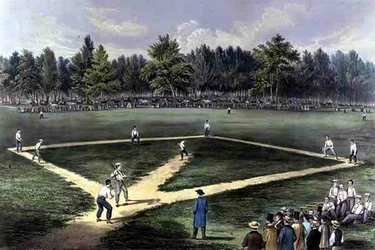 Il gioco nazionale americano del baseball, grande incontro per il campionato agli Elysian Fields, Hoboken, N.J. 1866