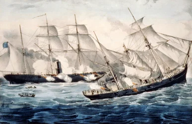 Sloop da guerra degli Stati Uniti al largo di Cherbourg, Francia, domenica 19 giugno 1864. Illustrazione di Currier & Ives.