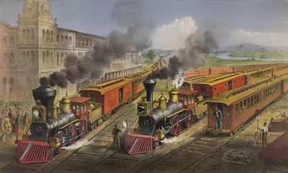 Scena ferroviaria americana: treni espressi fulminei che lasciano la giunzione, 1874