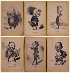 6 Ritratti caricaturali: Pierre Jean de Béranger (1780-1857) cantautore francese, Alexandre Dumas figlio (1824-1895), Louis Adrien Huart (1813-1865) giornalista, scrittore e direttore teatrale francese, Gérard de Nerval (1808-1855), scrittore francese, Cha
