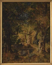 Interno di un bosco con lago e figure