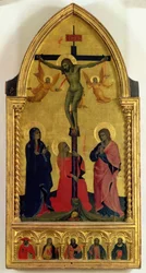La crocifissione con piangenti e Santa Maria Maddalena, il pannello della predella raffigurante i SS. Girolamo, Paolo, Giacomo, Pietro e un santo sconosciuto