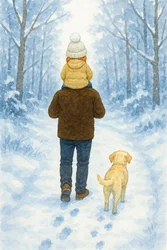 Stanza dei bambini: passeggiata invernale con papà e il cane nella foresta innevata