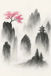 Paesaggio montano giapponese con un albero di sakura e un tempio