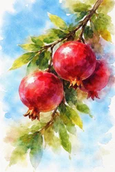 Dipinto dai colori vivaci raffigurante melograni