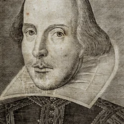 Dettaglio del ritratto di William Shakespeare sul frontespizio di Commedie, storie, & t...