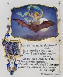 Pagina illuminata di un libro di sonetti di Shakespeare che raffigura una scena da La Tempesta