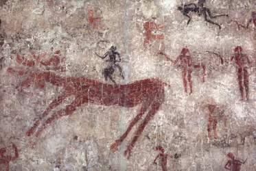 Dipinto murale neolitico di caccia e cacciatori a Catal Huyuk