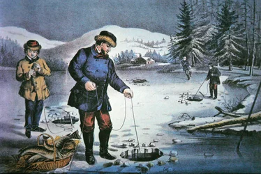 Vita dei pionieri americani: pesca attraverso il buco nel ghiaccio