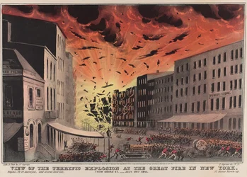 Veduta della terribile esplosione durante il Grande Incendio di New York. Da Broad St. - 19 luglio 1845