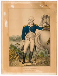 Washington (in piedi accanto al suo cavallo)