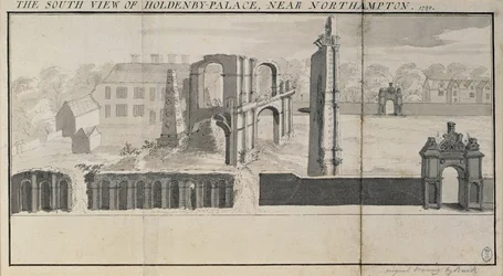 Vista sud di Holdenby House e rovine come viste nel 1729