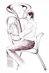 Suonatore di tuba - disegno a inchiostro di un musicista che si esibisce