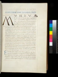 Ms 394.1. Plinio il Vecchio, Historia naturalis, f.26r. Iniziale a penna [M] aggiunta nello spazio dedicato lasciato vuoto dal decoratore, Napoli, metà XV secolo, c.1442