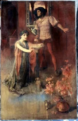 "Una donna inginocchiata davanti a una sfera di cristallo, un uomo in attesa dietro di lei con un misto di paura e curiosità. Dipinto di Nelly Erichsen (attivo verso il 1882-1893) Collezione privata