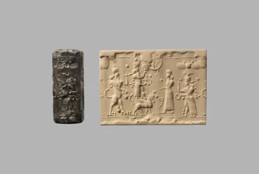 Sigillo cilindrico con uomo-scorpione e impressione moderna, c. VIII-VII secolo a.C. (quarzo, cripto-cristallino)