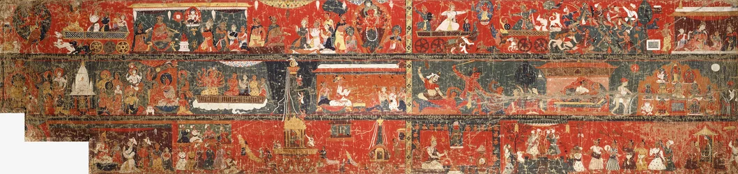 Grande dipinto storico nepalese che rappresenta una versione della leggenda di Avalokiteshvara Rosso, 1712