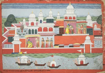 Rukmini chiede il permesso a Krishna di visitare suo fratello Rukma, pagina da un manoscritto del Bhagavata Purana, c.1775