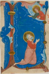 Santo orante (Mosè?) con Cristo in una lettera istoriata "L", da un libro corale