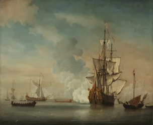 Nave da guerra inglese che spara un saluto