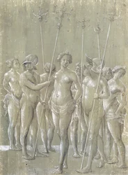 Cinque soldati nudi che tengono pali, due con elmo, e tre donne nude, 1522