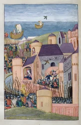 Minosse assedia Megara. Scilla taglia tradizionalmente i capelli del padre e fugge, dalle Metamorfosi 8 di Ovidio, 1479