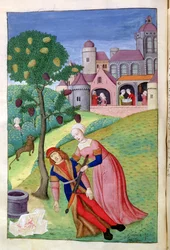 Alcithoe, Piramo e Tisbe, il gelso cambia colore, dalle Metamorfosi di Ovidio, 1479