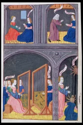 Ms 324 f.62 v. Aracne sfida Pallade e diventa un ragno, dalle Metamorfosi 6 di Ovidio, 1479