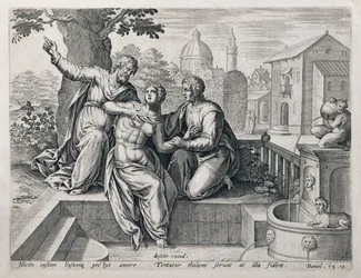 Susanna e i vecchioni, da una serie che illustra scene della Bibbia, pub. da Claes Jansz Visscher c.1590