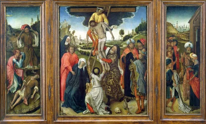La Deposizione, affiancata da (L) Adamo ed Eva in lutto per Abele e (R) Il mantello di Giuseppe mostrato a Giacobbe, trittico, c.1470