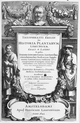 Pagina del titolo di Historia Plantarum Libri Decem di Teofrasto (c.372-c.287 a.C.) pubblicata ad Amsterdam nel 1644
