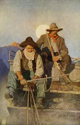 Un conducente e una guardia con un esercito che attraversa le regioni occidentali. Riproduzione di un dipinto di N.C. Wyeth.
