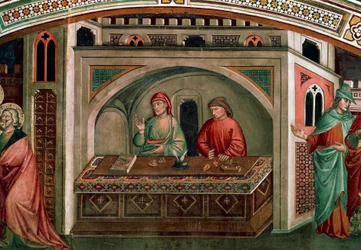 Vocazione di San Matteo Evangelista, scena da Le storie di San Matteo, ca 1390, di Niccolò di Pietro Gerini (morto ca 1415-1416), affresco, Cappella Migliorati, Chiesa di San Francesco, Prato, Toscana
