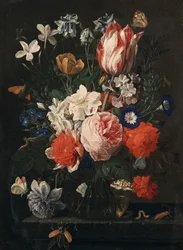 Una rosa, un tulipano, convolvoli e altri fiori in un vaso di vetro su una mensola di pietra, 1671