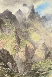 Il Grande Curral, Madeira, con una comitiva di turisti in primo piano, il Pico Grande oltre (acquerello su carta)