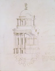 Elevazione, sezione trasversale e pianta di un battistero non realizzato per la Cattedrale di San Paolo, c.1711-12