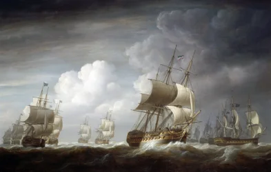 Una flotta di navi Indiaman, navi britanniche della Compagnia delle Indie Orientali