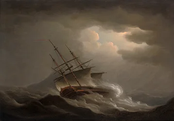 Una fregata inclinata in una tempesta al largo