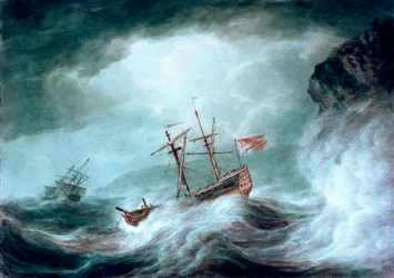 Una tempesta, con una nave ancorata in difficoltà al largo di una costa rocciosa