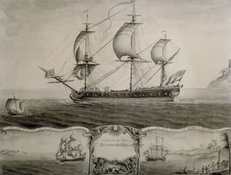 Vedute della fregata Blandford durante il passaggio per le Indie Occidentali e il commercio sulla costa africana, 1760 circa (penna e inchiostro e lavaggio)