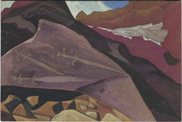 Tre spade, immagini su roccia, Lahul, 1936