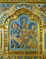 Mosè torna in Egitto con la moglie Zipporah e i due figli... (smalto su rame dorato)