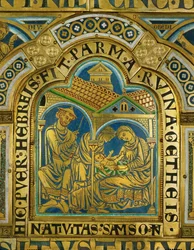 La nascita di Sansone, Manoah con un cappello da ebreo medievale... (smalto su rame dorato)