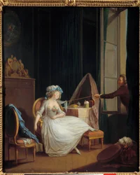 Amore frivolo Un uomo scopre il petto di una giovane donna addormentata (dipinto di Niklas Lavreince)