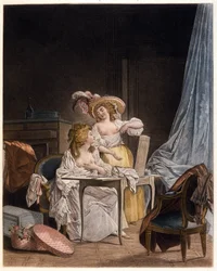 Il confronto. Due donne confrontano la dimensione del loro petto. Incisione di Nicolas Lavreince (1737-1807), circa 1782.