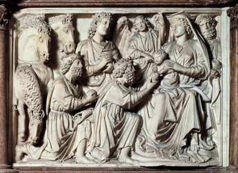 Adorazione dei Magi, piastrella dal pulpito con scene della vita di Cristo