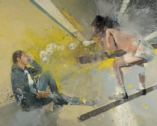Bambina con bolle di sapone, Metro, 2021 (olio su tela)