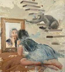Ragazza con babbuino allo specchio