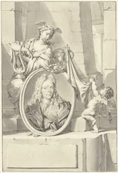 Putti e una donna vicino a un medaglione con il ritratto di Arnold Houbraken